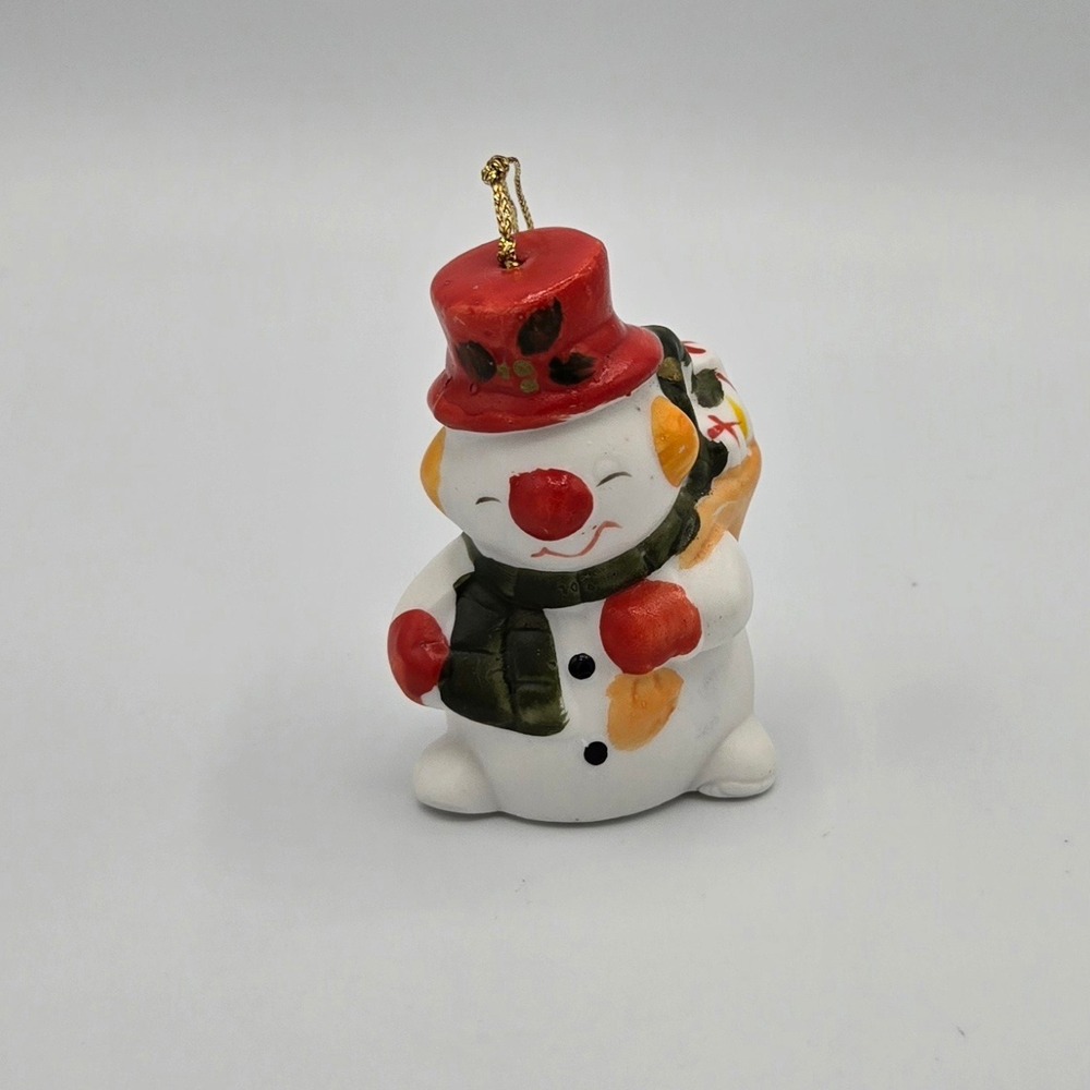 Vintage Adorable Ceramic Snowman‎ Bell Christmas Ornament Red Hat Gift